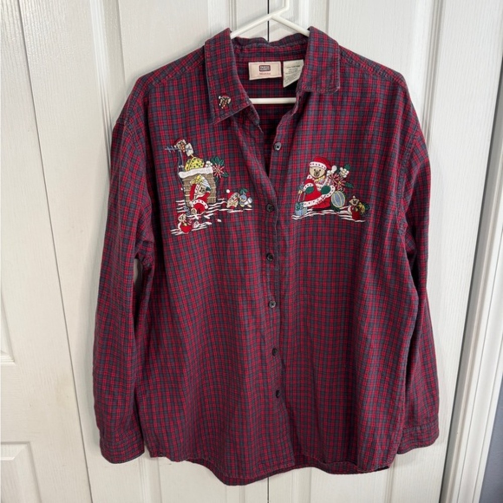 Faded Glory Plaid Long Sleeve Button Up Christmas Embroidered Size 14W/16W VTG‎